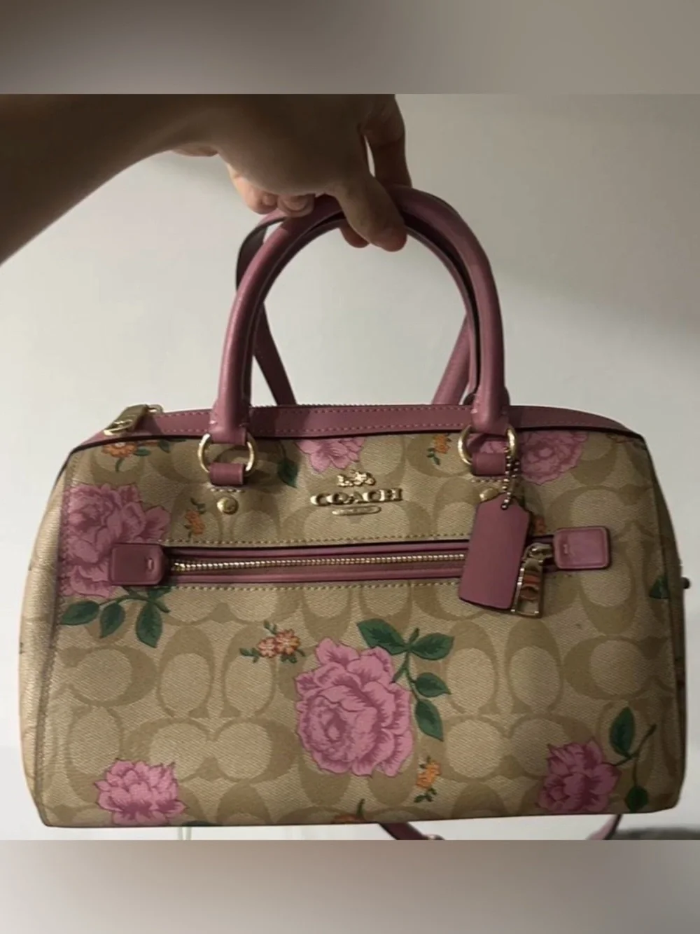 COACH Pink Floral Signature Canvas Satchel with Rose Trim - Picture 2 of 8
